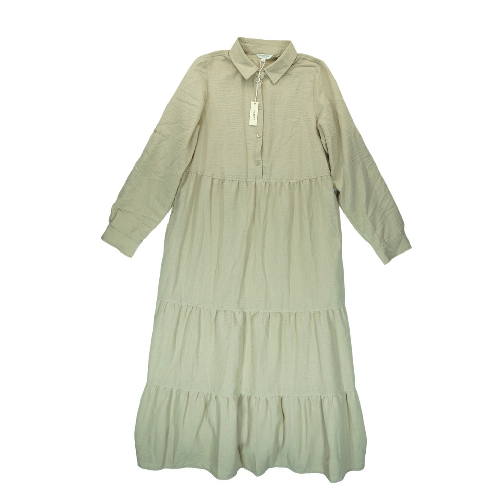 NWT Max‎ Studio Dress Womens Large Beige Tiered Maxi Shirt Long Sleeve MSRP $168